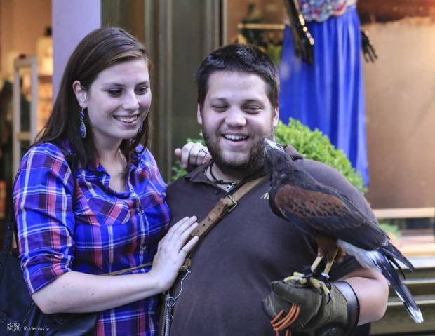 Street Photography - The falconer Péter, Szabina and the hawk Ulf