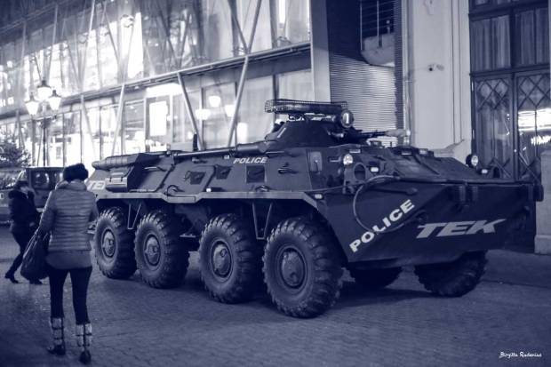 Police tank at Christmas Market Budapest